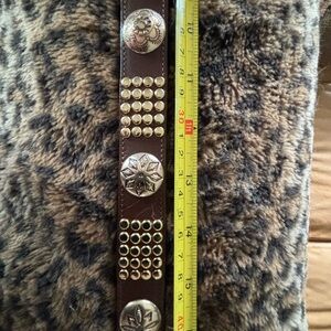 leather belt with gold tone buckle and conch detail.